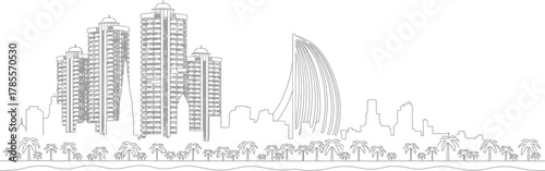 Linear Drawing of Dubai Skyline Showing Buildings Palm Trees and Urban Landscape