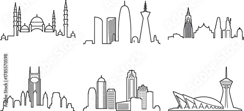 Minimalist Cityscape Silhouette Set Outlines Buildings Famous Landmarks Urban Panorama Collection