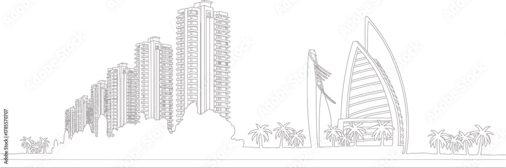 Naklejka premium Outline of Dubai Skyscrapers Towers and Palm Trees in Vector Format Illustration
