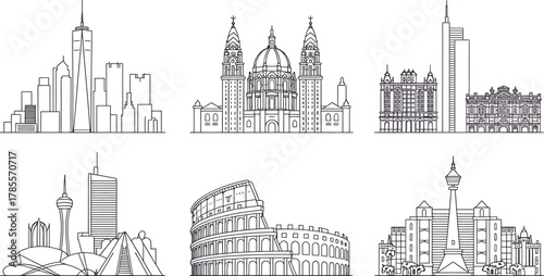 Outlined City Skylines Famous Landmarks Linear Drawings Urban Architectures Vector Set