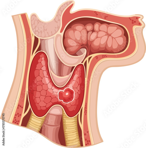 Medical illustration of a human thyroid gland showing a tumor, potentially indicating thyroid cancer or other thyroid conditions