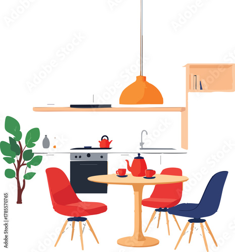 Minimal Modern Kitchen and Dining Room Interior with Colorful Chairs, Teapot, and Pendant Light