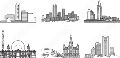 Set Of Black And White Cityscape Silhouettes With Line Art On A Transparent Background
