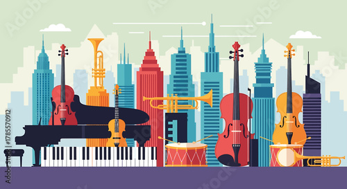 A vibrant illustration of various musical instruments set against a backdrop of city skyscrapers.