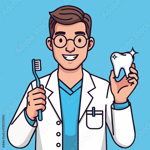 Dentist Cartoon Illustration with Toothbrush and Sparkling Clean Tooth