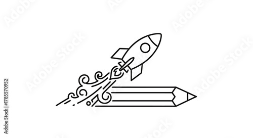Rocket launching from a pencil, symbolizing creative writing or project launch.