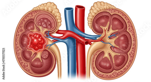 Illustration of a human kidney with a tumor indicating kidney cancer, medical diagram of renal cell carcinoma