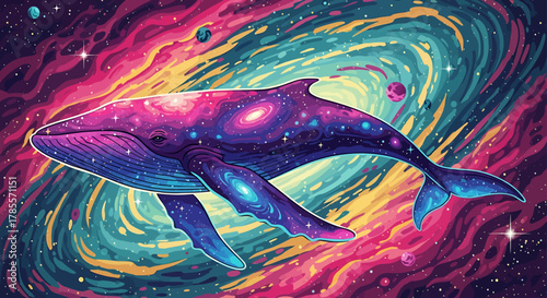 A majestic whale swims through a vibrant, swirling galaxy, its body adorned with cosmic patterns and stars.