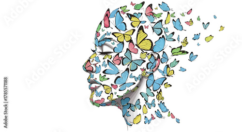 Artistic illustration of a human face in profile dissolving into a flock of colorful butterflies on a white background.
