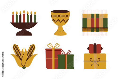 Flat vector icons for harvest food, featuring sweet potato, greens, bread, corn, peanuts, and fruit bowl,