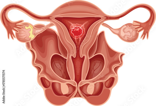 Illustration of female reproductive system highlighting potential uterine cancer