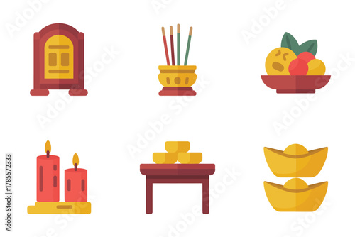 Outline color icons for sacred offering, illustrating incense, fruit, wine, candles, and various ceremonial prayer elements,