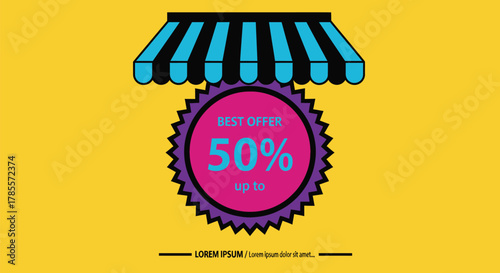 Amazing 50% off sale announcement banner with shop awning