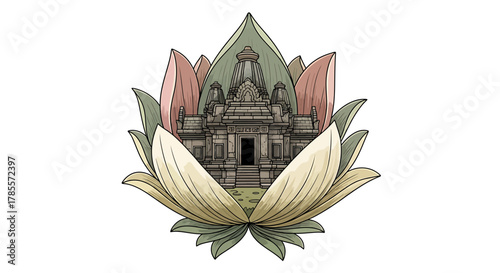 A detailed illustration of an ancient stone temple emerging from a vibrant, multi-layered lotus flower.