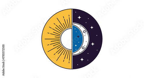 A circular graphic icon split into two halves representing day and night, with a stylized sun and crescent moon.