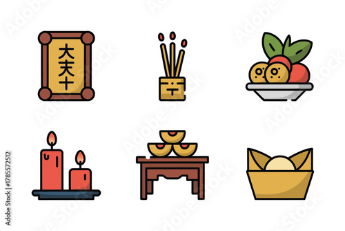 Detailed flat vector icons for religious ritual, showing incense, fruit, wine, candles, and traditional spiritual offering items,