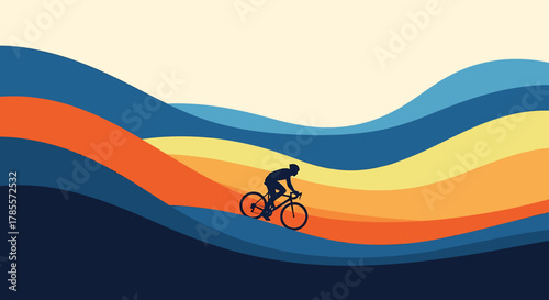 Silhouette of a cyclist on a bike ascending a hill with colorful wavy layers in the background.