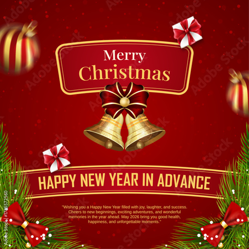 merry christmas and happy new year advance poster, luxury red christmas and new year greeting card, golden bells and red ribbon holiday background, 2026 new year eve celebration party template
