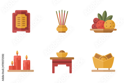 Flat vector icons for ceremonial tradition, featuring incense, fruit, wine, candles, representing prayer and ancestor offerings,