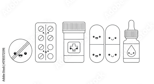 Adorable kawaii medical supplies smiling cheerful on blue background