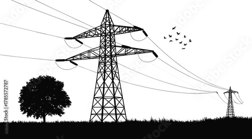 High voltage power transmission towers in countryside landscape, electricity pylons with power lines, energy infrastructure, industrial landscape, black and white illustration