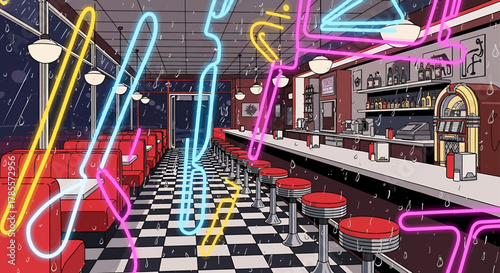 Retro diner interior with neon lights and checkerboard floor on a rainy night.