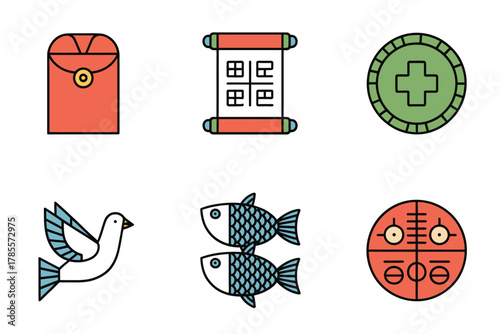 Flat vector icons for Asian holiday, featuring red envelope, scroll, dove, fish, and various good luck symbols,