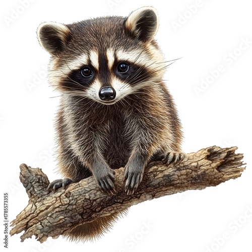 Raccoon sitting on a tree branch isolated on transparent background.
