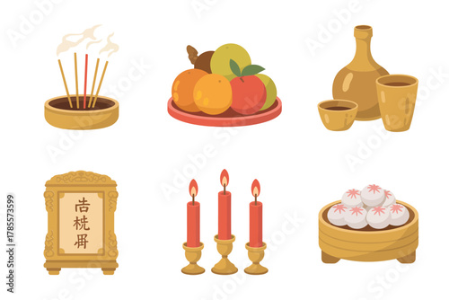 Detailed flat vector icons for spiritual ceremony, showing incense, fruit, candles, rice, and traditional religious food offerings,