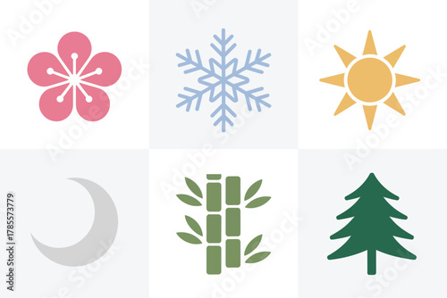 Flat vector icons for winter season, featuring sun, snowflake, moon, tree, and various seasonal elements,