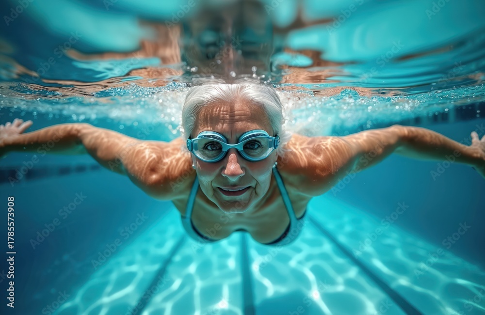 Naklejka premium Senior woman swims underwater in pool wearing goggles. She glides through clear blue water, her arms extended. Active elderly person enjoys water sport for health and leisure.