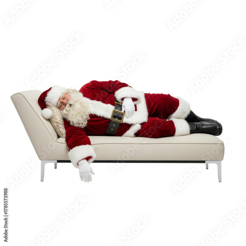 PNG cut out isolated background. A full-length studio shot of an exhausted Santa Claus sleeping or napping on a modern cream-colored chaise lounge or sofa.