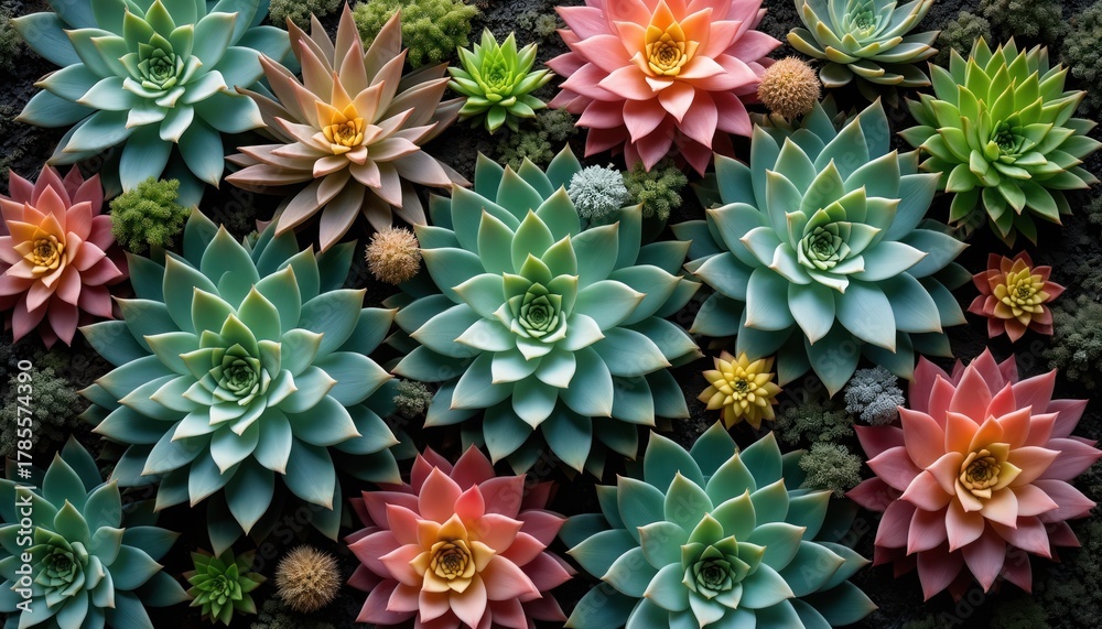 Fototapeta premium Group of various colorful succulents, including pastel pink orange green hues, arranged closely on dark soil background. Small fuzzy seed pods, green plants fill gaps. Minimalist nature, botanical