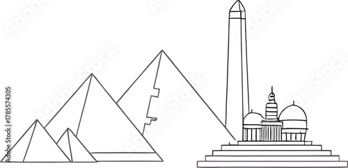 Egypt Landmarks Outline Giza Pyramids Cairo Monuments Vector Building Minimalist Style