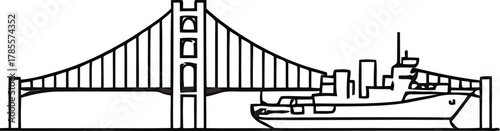 Golden Gate Bridge Silhouette with Ship Silhouette and San Francisco Skyline View