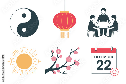 Outline color icons for seasonal change, illustrating Yin Yang, lanterns, calendar, representing the Dongzhi festival,