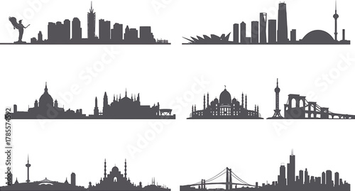 World City Skyline Silhouette Vector Collection Urban Landmark Architecture Design