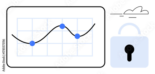 Analytics chart with connected data points and a protective padlock highlighting secure data practices. Ideal for cybersecurity, privacy, safety, analytics, cloud storage, business growth, and data