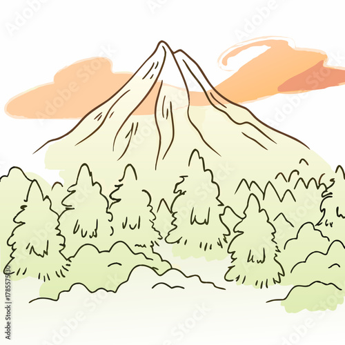 Hand-Drawn Mountain with Forest Vector