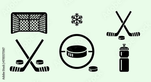 Ice Hockey Icon Set with Puck, Stick, and Net Elements