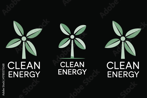 Three stylized wind turbines with the words CLEANENERGY below clean energy
