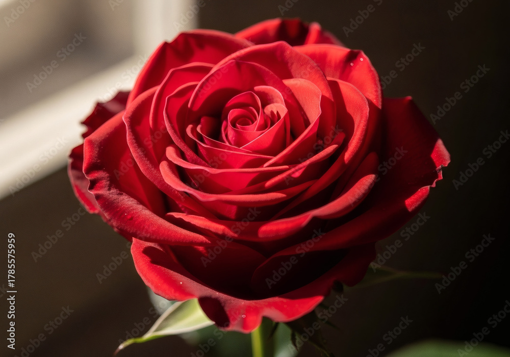 Fototapeta premium Beautiful Red Rose Bud Opening in Soft Indoor Light.