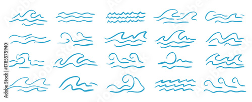 Collection of varied hand drawn ocean waves in a simple, doodle sketch style. Hawaiian curl swirl design elements.
