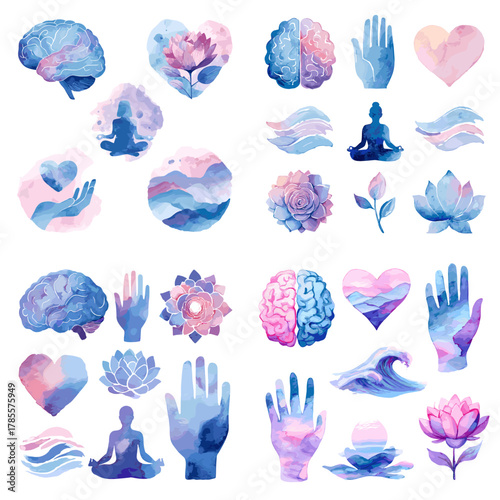 Watercolor mindfulness and mental health clipart with brain, lotus, hands, and meditation symbols. Great for psychology visuals, wellness campaigns, yoga art, and self-care design.