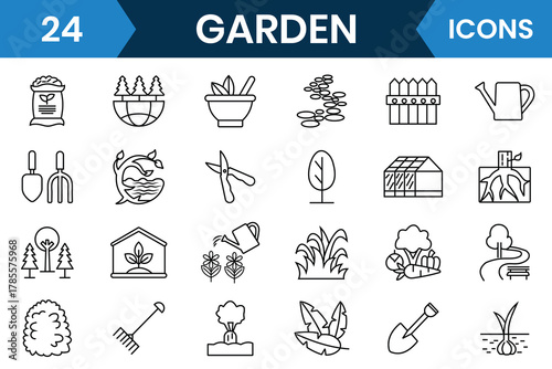 Gardening icon set. Set of gardening icons such as flower, knife, garden, gardener, space, handbarrow, grower, cultivating, horticultural, ornamental plants,  foliage, vegetables. Vector illustration.