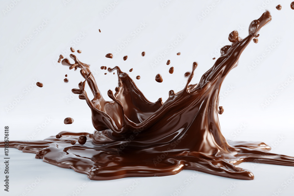 Fototapeta premium Dynamic chocolate liquid splashes with droplets suspended in the air on a clean light background