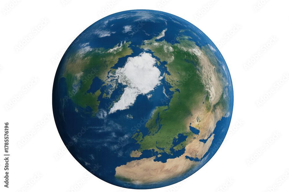 Fototapeta premium Earth planet showing europe, asia, africa, and arctic ice cap with visible clouds on transparent background