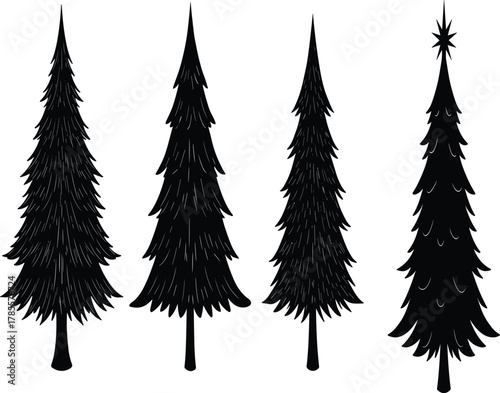 Silhouette of pine trees collection, evergreen forest design elements, Christmas tree illustration, black conifer shapes, winter nature vector art background