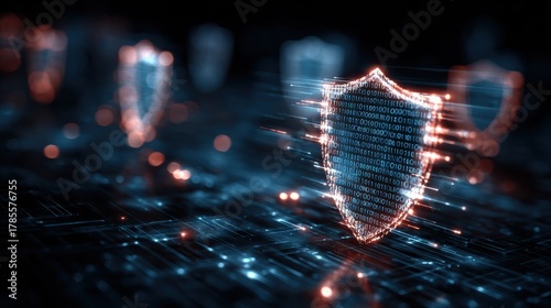 Futuristic digital shield symbol representing cybersecurity and data protection in a virtual environment.