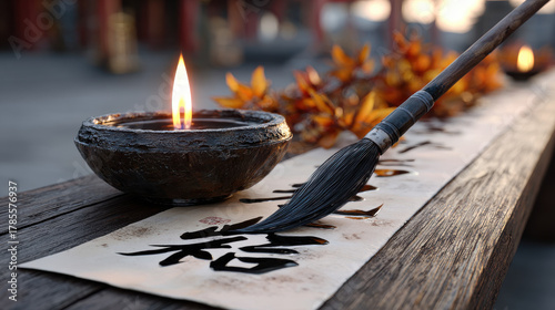 Beautiful display of heritage with Chinese script on light paper, featuring brush and candle, evokes serene atmosphere